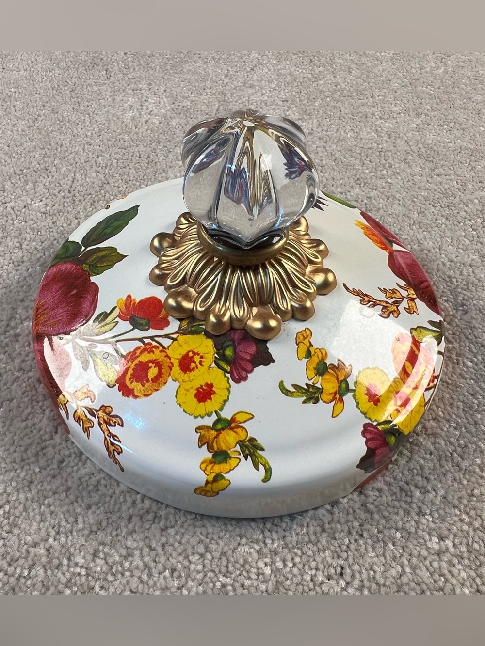 Mackenzie Childs White Floral Jar topper Lid Enamel